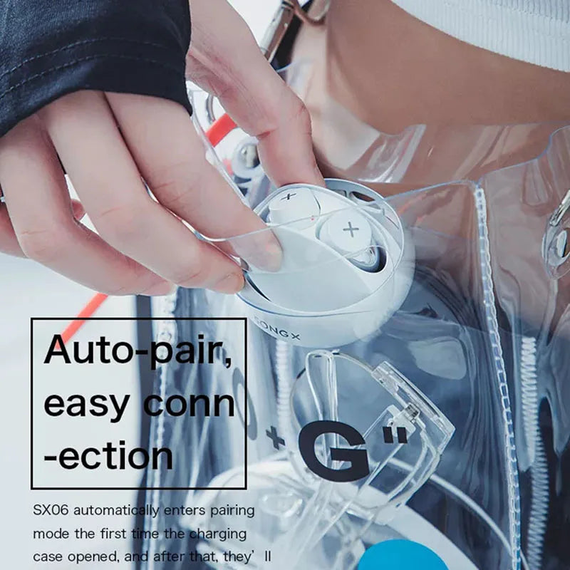 A person is holding a pair of white Bluetooth Kenteen’s 5.1 Earbuds by HeadphoneHeat near a transparent backpack. The text in the image reads: 