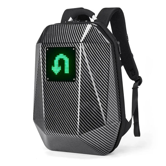 The HeadphoneHeat CFUN YA Backpack is a black, softback PVC bag with a carbon fiber pattern and an LED display showing a green U-turn arrow.