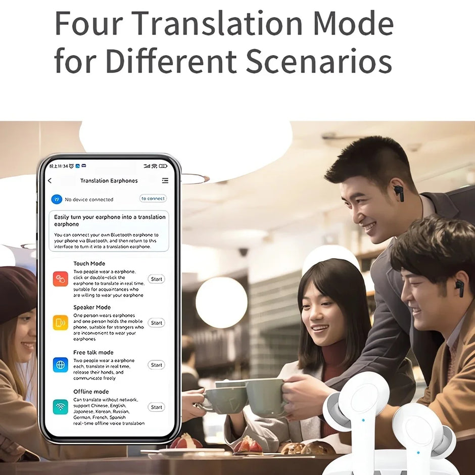 A group of people at a café, smiling and interacting. The focus is on the Intelligent Translate Earbuds by HeadphoneHeat, showcasing their real-time AI voice translation capabilities across 144 languages with 98% accuracy. The earbuds support online and offline use, featuring four distinct translation modes for different scenarios. Nearby are headphones and a wireless device. Text at the top reads "Four Translation Modes for Different Scenarios.