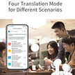 A group of people at a café, smiling and interacting. The focus is on the Intelligent Translate Earbuds by HeadphoneHeat, showcasing their real-time AI voice translation capabilities across 144 languages with 98% accuracy. The earbuds support online and offline use, featuring four distinct translation modes for different scenarios. Nearby are headphones and a wireless device. Text at the top reads 