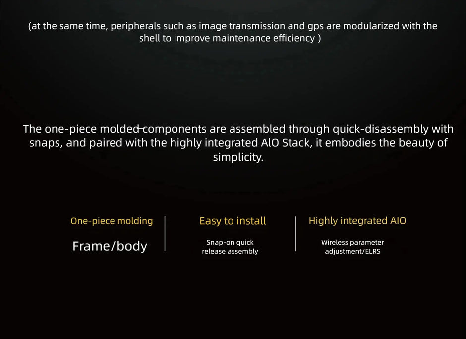 A dark-themed infographic showcases HeadphoneHeat’s SpeedyBee Mario Mini25 PW, featuring one-piece molded construction, easy snap-on assembly, and an integrated AIO stack—perfect for app-controlled devices with quick installation.