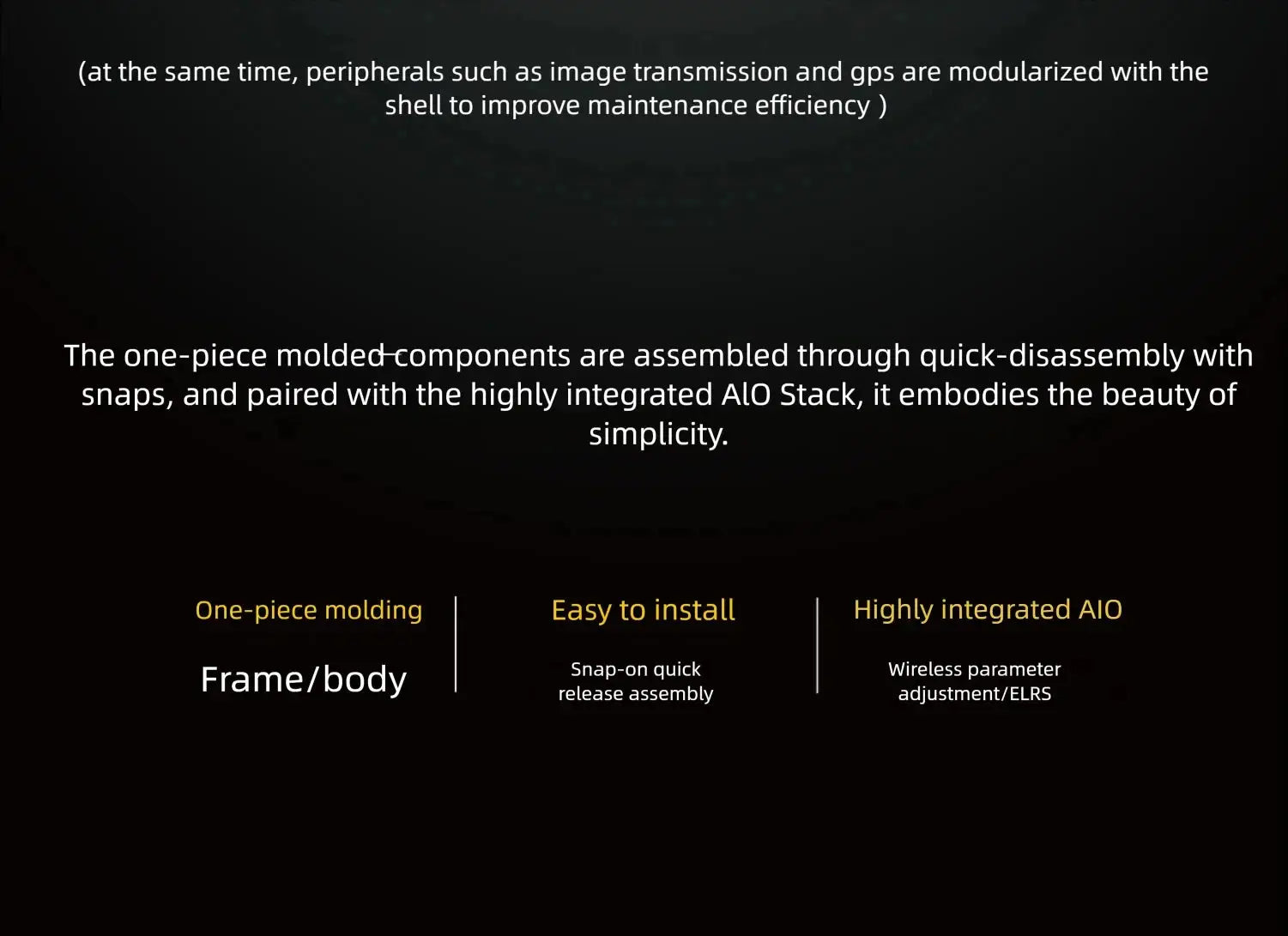 A dark-themed infographic showcases HeadphoneHeat’s SpeedyBee Mario Mini25 PW, featuring one-piece molded construction, easy snap-on assembly, and an integrated AIO stack—perfect for app-controlled devices with quick installation.