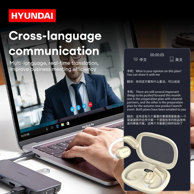 A Hyundai advertisement features a laptop displaying a video conference and utilizing a real-time translation app. Prominently displayed in the foreground are HeadphoneHeat choice HYUNDAI HY-Y16 AI translator OWS Wireless Bluetooth v5.4 Earphones, highlighting their efficiency in enhancing translation and communication.