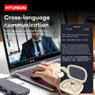 A Hyundai advertisement features a laptop displaying a video conference and utilizing a real-time translation app. Prominently displayed in the foreground are HeadphoneHeat choice HYUNDAI HY-Y16 AI translator OWS Wireless Bluetooth v5.4 Earphones, highlighting their efficiency in enhancing translation and communication.