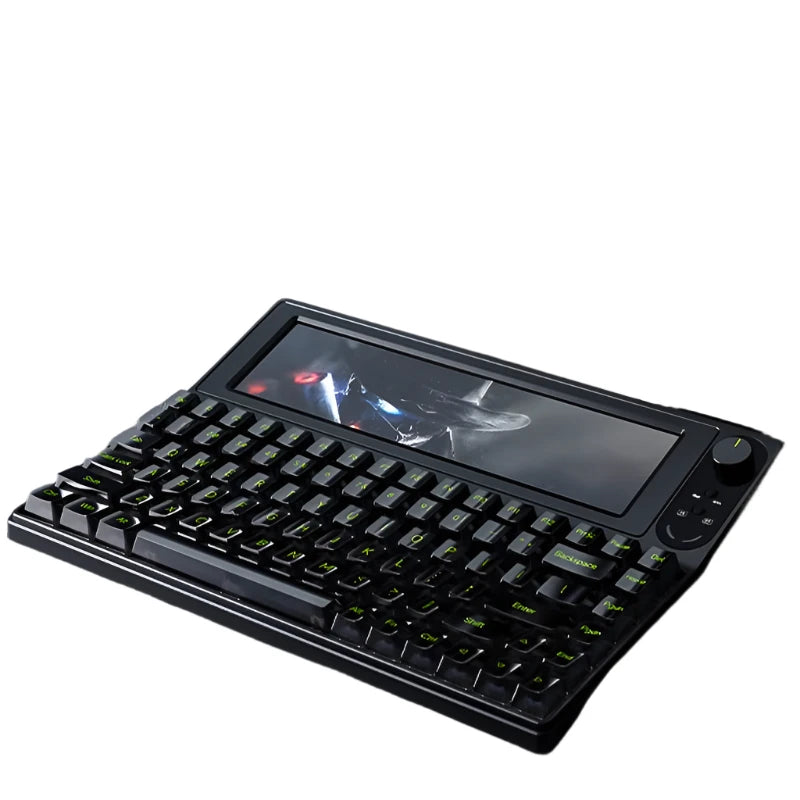 A sleek black HeadphoneHeat mechanical keyboard with green backlighting, featuring 84 keys, an integrated 10.1-inch color screen, and a rotary knob, is placed on a desk near a monitor and digital clock. The HeadphoneHeat logo is visible in the top corner of the image.