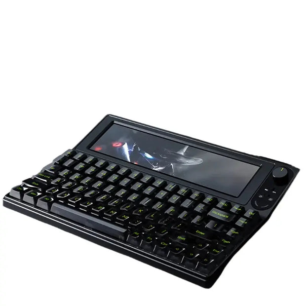 The HeadphoneHeat Smart Display Keyboard features a compact black design, full QWERTY layout with green-accented mechanical keys, a 10.1-inch colorscreen above the keys, and a control knob on the right side.
