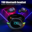An advertisement for the HeadphoneHeat Y80 Wireless Bluetooth Earbuds featuring two black earbuds with green accents and a charging case displaying the number 