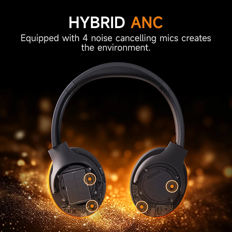 Introducing the HeadphoneHeat Picun 05MAX, a pair of black over-ear Bluetooth 5.4 headphones featuring Hybrid ANC technology. The image showcases four noise-canceling microphones, underscoring their exceptional active noise-cancellation capabilities against a backdrop of golden sparkles.