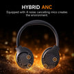 Introducing the HeadphoneHeat Picun 05MAX, a pair of black over-ear Bluetooth 5.4 headphones featuring Hybrid ANC technology. The image showcases four noise-canceling microphones, underscoring their exceptional active noise-cancellation capabilities against a backdrop of golden sparkles.