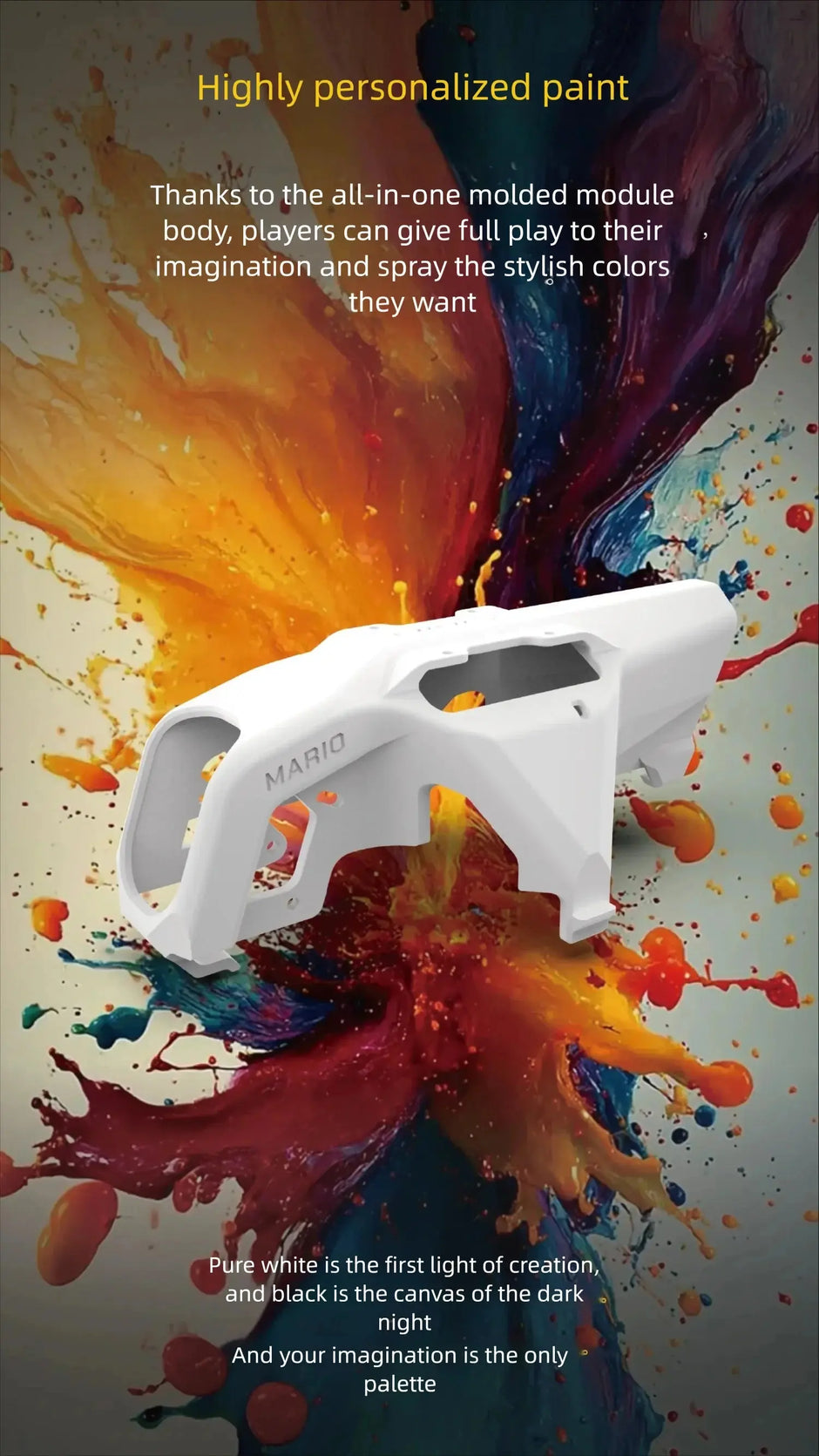 The HeadphoneHeat SpeedyBee Mario Mini25 PW, a white 3D-molded RC quadcopter, hovers above a vibrant splash of multicolored paint, with text highlighting personalized paint options and creative possibilities for players.