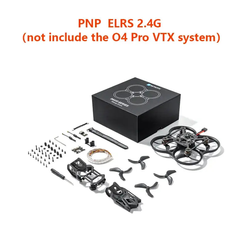 The HeadphoneHeat BETAFPV Pavo20 Pro II Brushless Whoop Quadcopter for DJI O4/O4 Pro kit includes a drone, propellers, tools, screws, cables, two black frame attachments, and a black box. Text: 