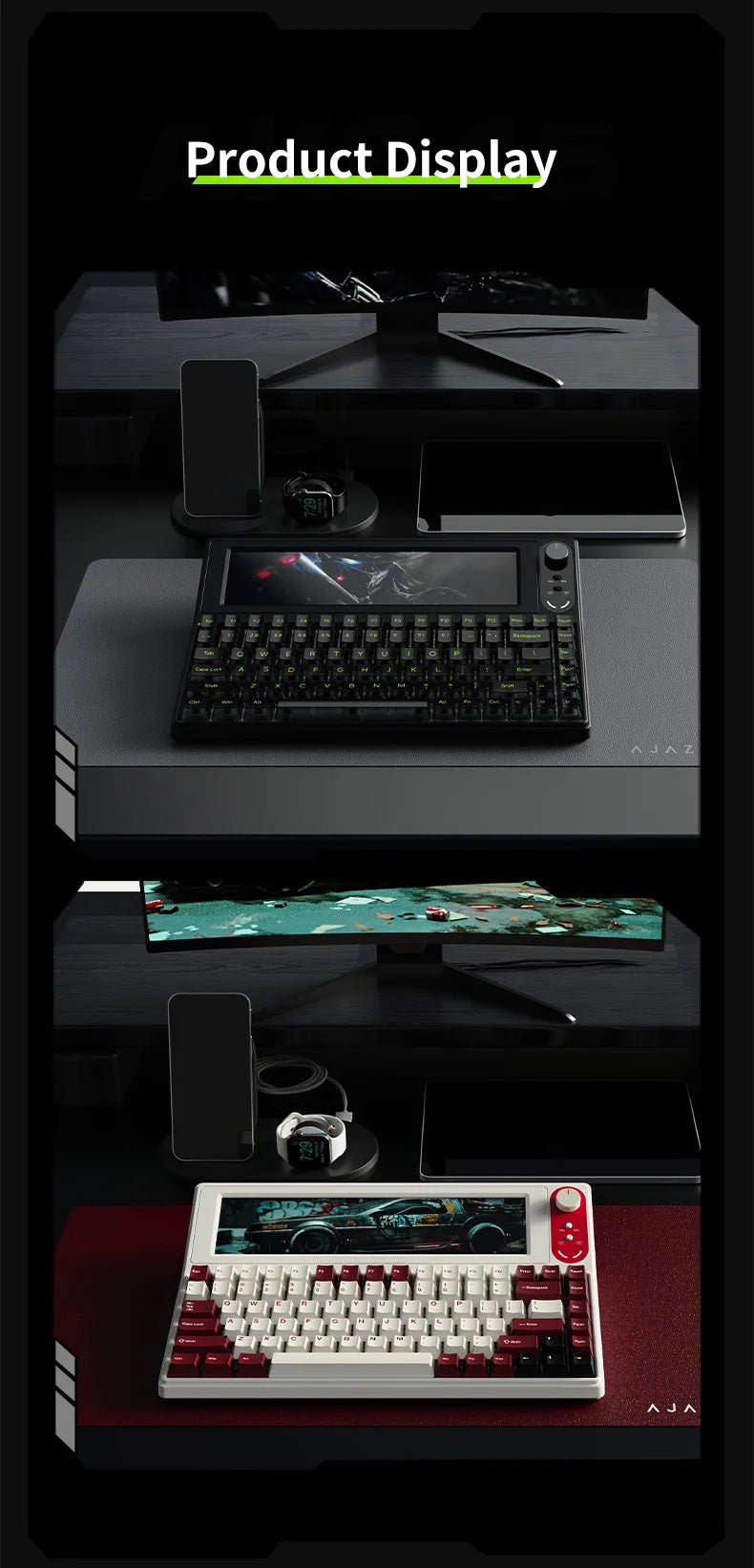 Two mechanical keyboards are showcased on desks. The top keyboard, the Smart Display Mechanical Gaming Keyboard With 10.1-inch Colorscreen by HeadphoneHeat, is black and features a screen and a knob. The bottom keyboard is white with red accents and includes 84 keys. Each setup features a smartphone, smartwatch, monitor, and USB interface. The text "Product Display" is positioned at the top.