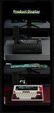 Two mechanical keyboards are showcased on desks. The top keyboard, the Smart Display Mechanical Gaming Keyboard With 10.1-inch Colorscreen by HeadphoneHeat, is black and features a screen and a knob. The bottom keyboard is white with red accents and includes 84 keys. Each setup features a smartphone, smartwatch, monitor, and USB interface. The text 