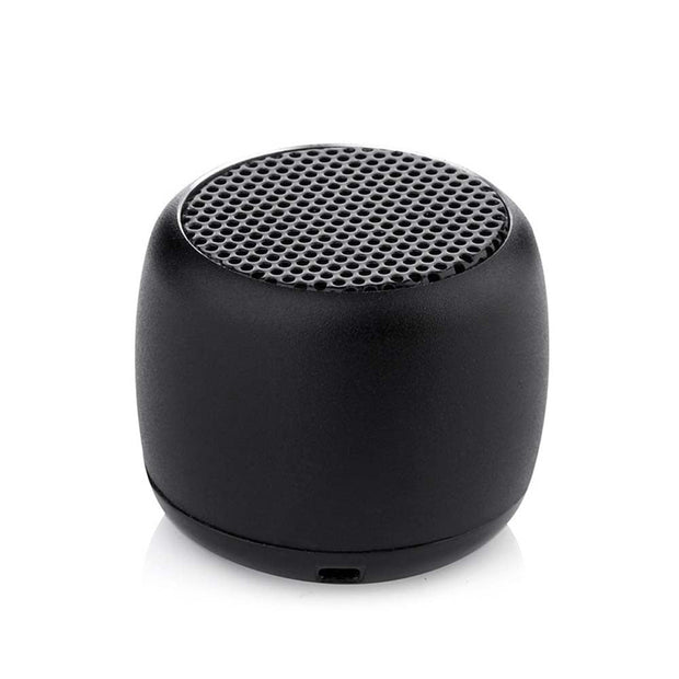 The Portable Mini Bluetooth Speaker from HeadphoneHeat.Com is a small, black, cylindrical speaker with a mesh top and matte finish, delivering high-quality sound ideal for music on the go. Shown on a white background.