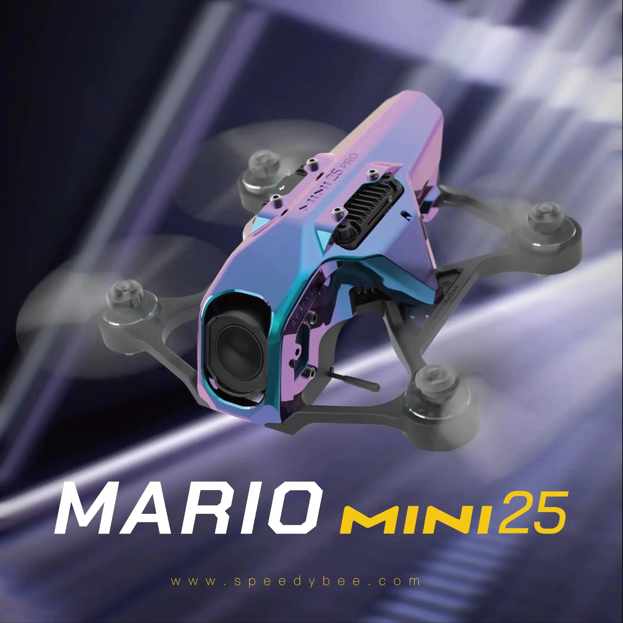 A futuristic, metallic-blue mini drone called 