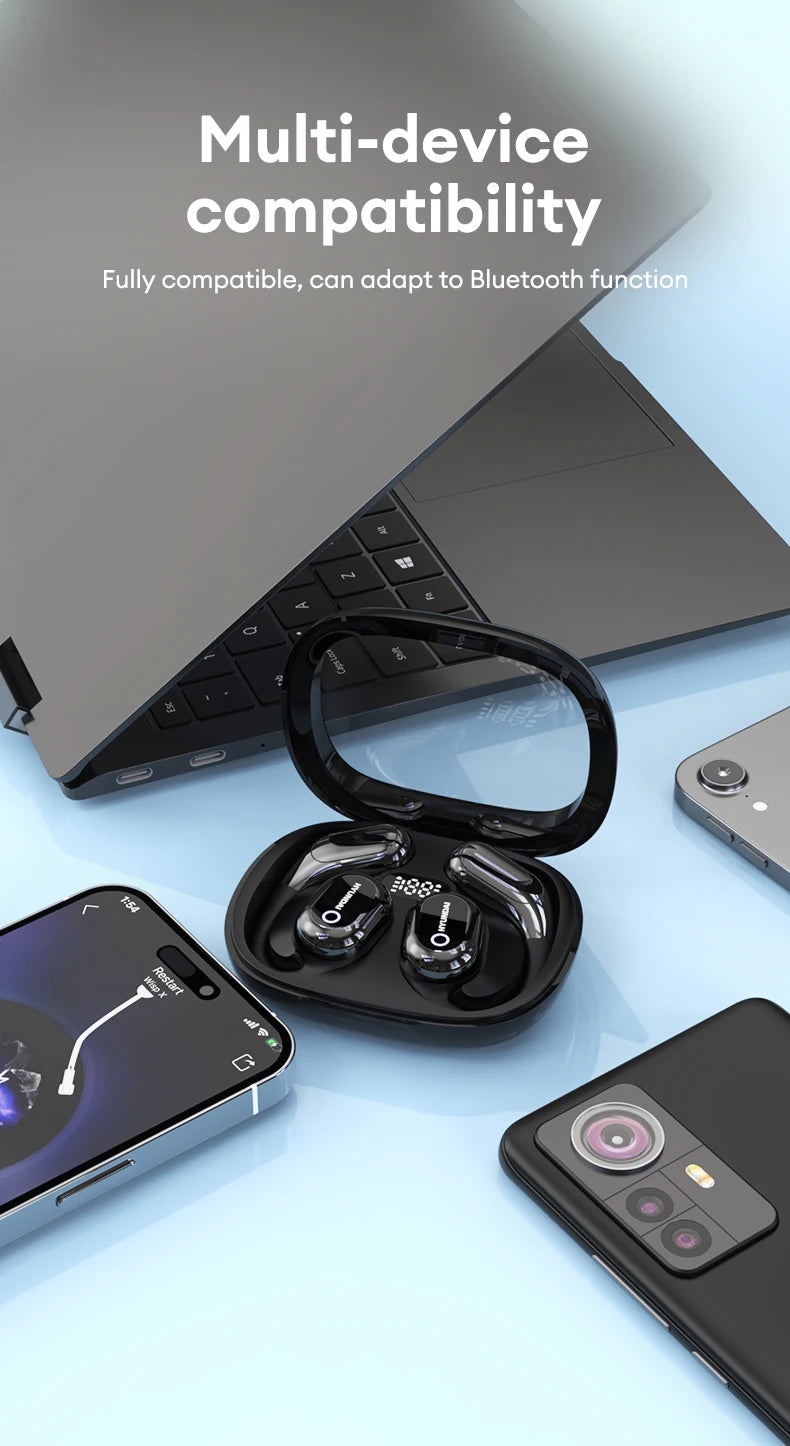 A pair of choice HYUNDAI HY-Y16 AI translator OWS Wireless Bluetooth v5.4 Earphones from HeadphoneHeat, designed for HIFI Stereo Gaming Music, rests elegantly in their open charging case amidst a laptop, smartphone, and tablet on a light blue surface. The text above reads, 