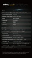 A configuration chart for the SpeedyBee Mario Mini25 PW by HeadphoneHeat shows tech specs like rack size, motor type, 1080p FHD camera, receiver, battery info, and app features. The chart has a black background with white and yellow text.