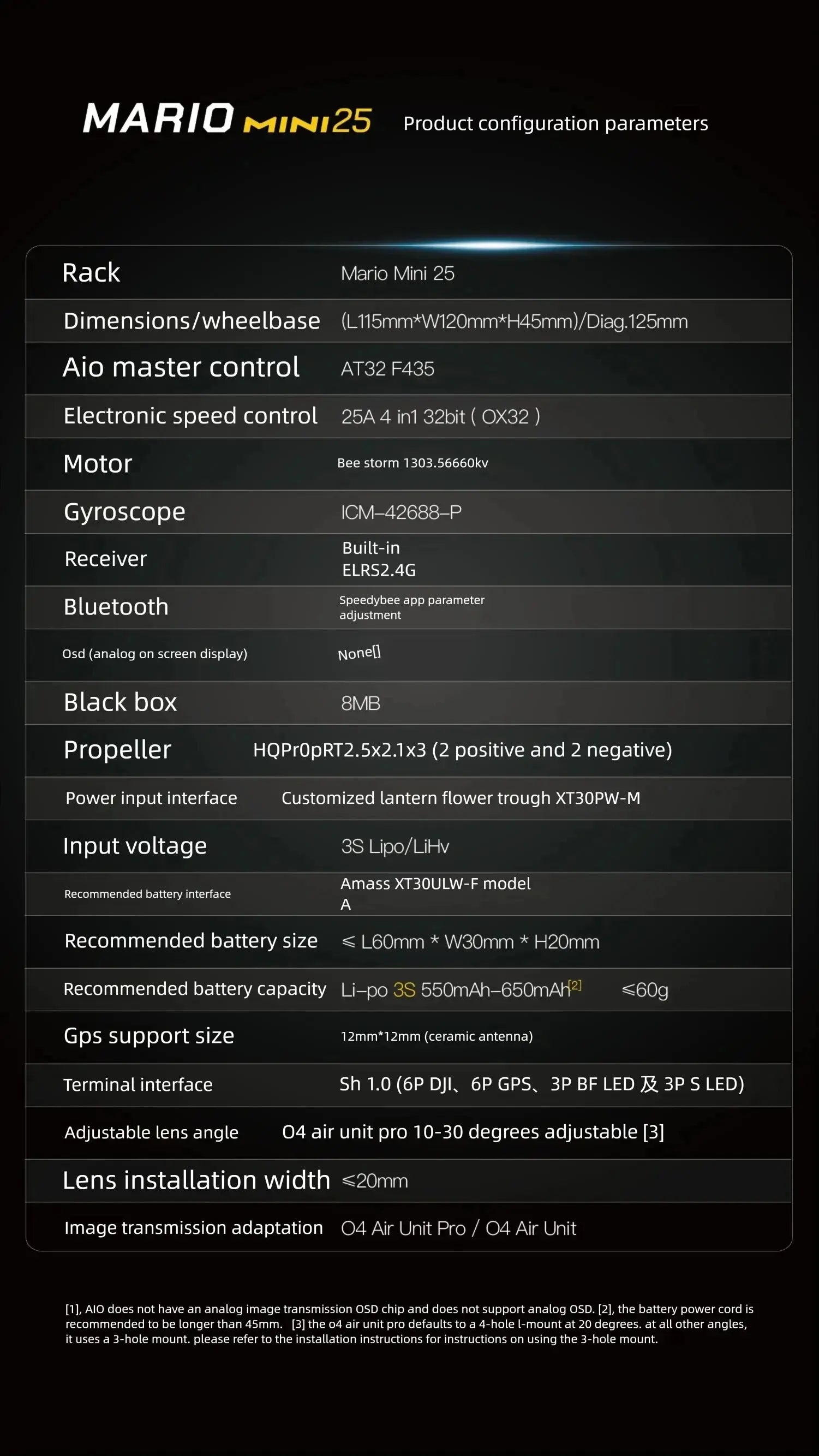 A configuration chart for the SpeedyBee Mario Mini25 PW by HeadphoneHeat shows tech specs like rack size, motor type, 1080p FHD camera, receiver, battery info, and app features. The chart has a black background with white and yellow text.