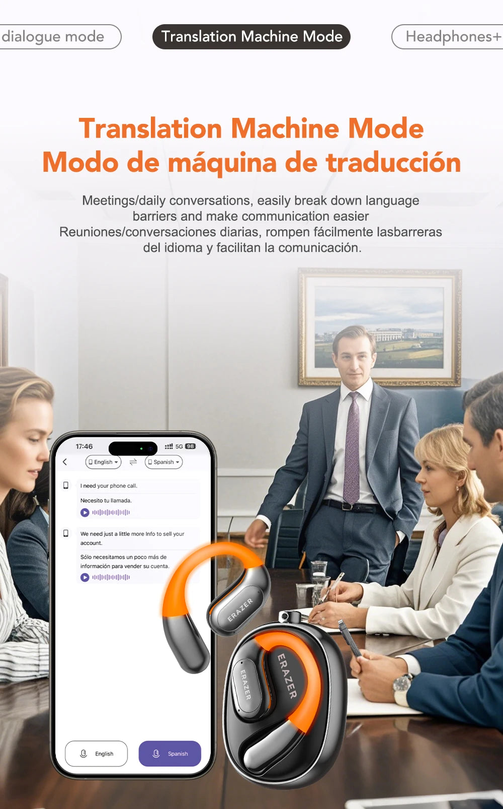 In a lively business meeting filled with participants from various backgrounds, a smartphone prominently displays the ERAZER XF31 Bluetooth Translation Earbuds. These sleek earbuds by HeadphoneHeat, known for their advanced translation capabilities and seamless communication, rest beside the phone in English and Spanish mode, showcasing their cutting-edge features.