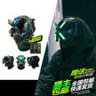 The RG METAL BUILD SIDE EVA SHOGOKI Mech Mask Cyberpunk by HeadphoneHeat features a sleek black design and anime-style visor with green details, a technical robotic look, and tech attachments. Crafted from functional material, it displays text in an unknown language on the bottom right corner.