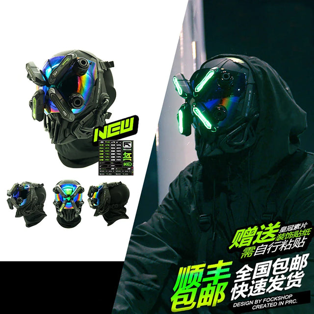 The RG METAL BUILD SIDE EVA SHOGOKI Mech Mask Cyberpunk by HeadphoneHeat features a sleek black design and anime-style visor with green details, a technical robotic look, and tech attachments. Crafted from functional material, it displays text in an unknown language on the bottom right corner.