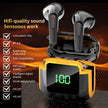 Image showcasing the VKTECH PRO 90 Noise Reduction Earbuds by HeadphoneHeat with a charging case featuring a digital display indicating the battery level at 100%. Marketing text emphasizes features such as HiFi Sound Quality, Bluetooth 5.3, low-power chip, long endurance, intelligent digital display, HD call quality, and portability.