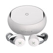 A pair of Bluetooth Kenteen’s 5.1 Earbuds from HeadphoneHeat are placed in front of a round, silver charging case. The white earbuds with gray accents feature an 