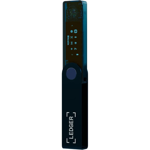 A Dropshipman Nano X Secure Bluetooth-Enabled Hardware Wallet in Sapphire Blue rests with its protective cover slightly open, showing the digital display, buttons, and the "LEDGER" branding on the lower section.