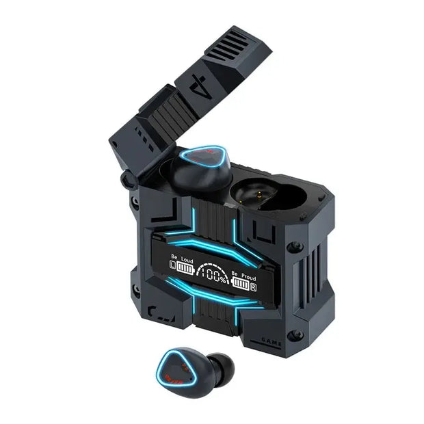 A pair of black M45 LUNSHENG Wireless Bluetooth Earbuds by HeadphoneHeat, featuring blue LED accents, sit beside their boxy charging case with open lid, digital display, LED indicators, Bluetooth 5.3, and active noise-cancellation.