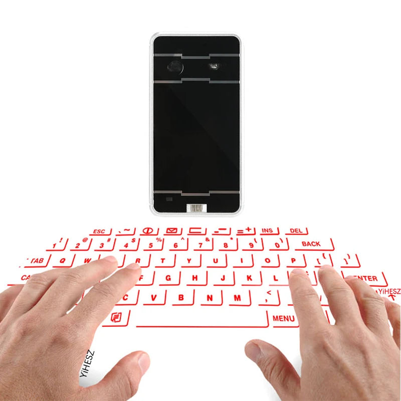 Two hands type on the Dropshipman Bluetooth Virtual Laser Keyboard, its English and Arabic keys projected onto a surface for seamless, portable typing anywhere.