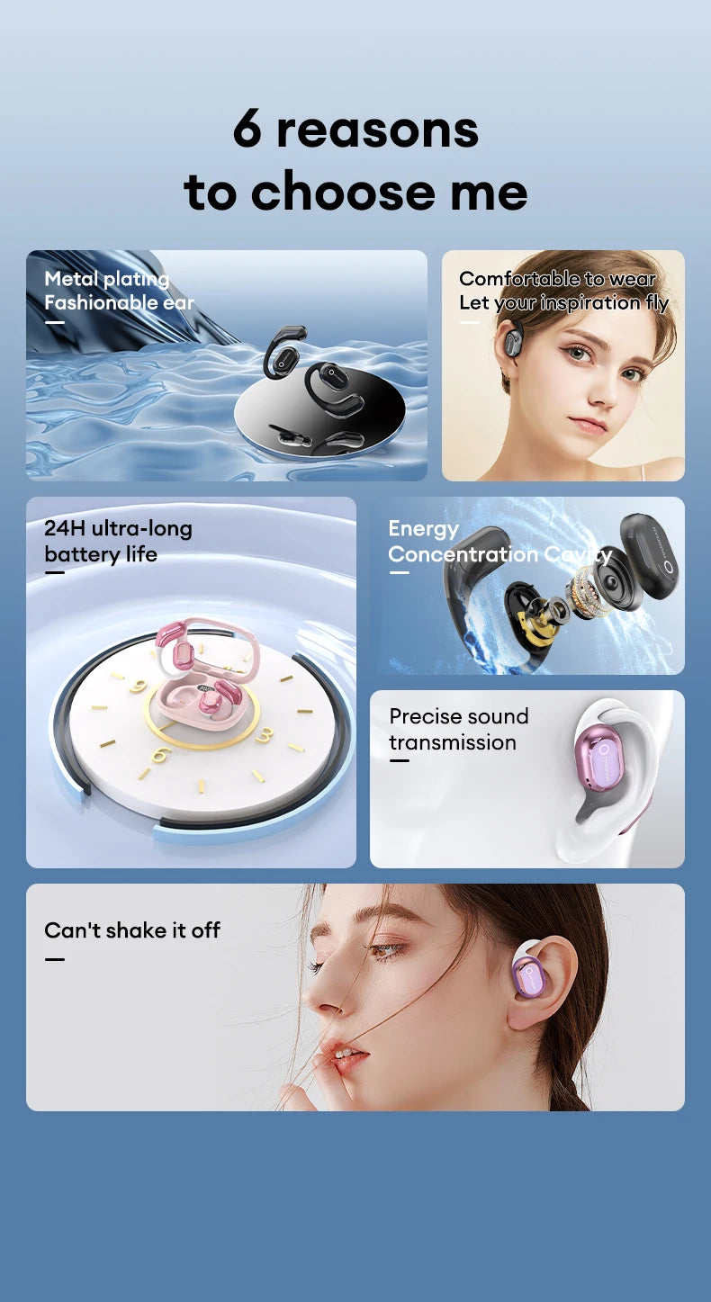 Promotional image for HeadphoneHeat's choice HYUNDAI HY-Y16 AI translator OWS Wireless Bluetooth v5.4 Earphones. Highlights include a metal-plated style, comfortable fit, 24-hour battery life, energy-efficient design, precise sound quality, and secure wearing. Coupled with lifestyle photos and product close-ups to showcase these exceptional earphones designed for HIFI stereo gaming and music lovers.