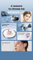 Promotional image for HeadphoneHeat's choice HYUNDAI HY-Y16 AI translator OWS Wireless Bluetooth v5.4 Earphones. Highlights include a metal-plated style, comfortable fit, 24-hour battery life, energy-efficient design, precise sound quality, and secure wearing. Coupled with lifestyle photos and product close-ups to showcase these exceptional earphones designed for HIFI stereo gaming and music lovers.