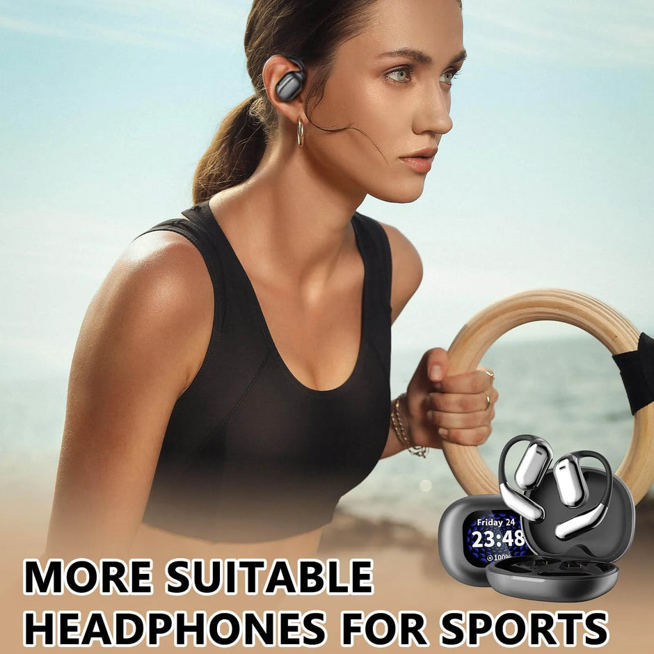 A woman in sportswear exercises outdoors with gymnastic rings, wearing Dropshipman XP2 Large Over The Ear Earbuds featuring Bluetooth 5.4. "MORE SUITABLE HEADPHONES FOR SPORTS" is displayed beside an image of the headphones and case.
