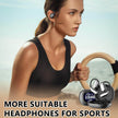 A woman in sportswear exercises outdoors with gymnastic rings, wearing Dropshipman XP2 Large Over The Ear Earbuds featuring Bluetooth 5.4. 
