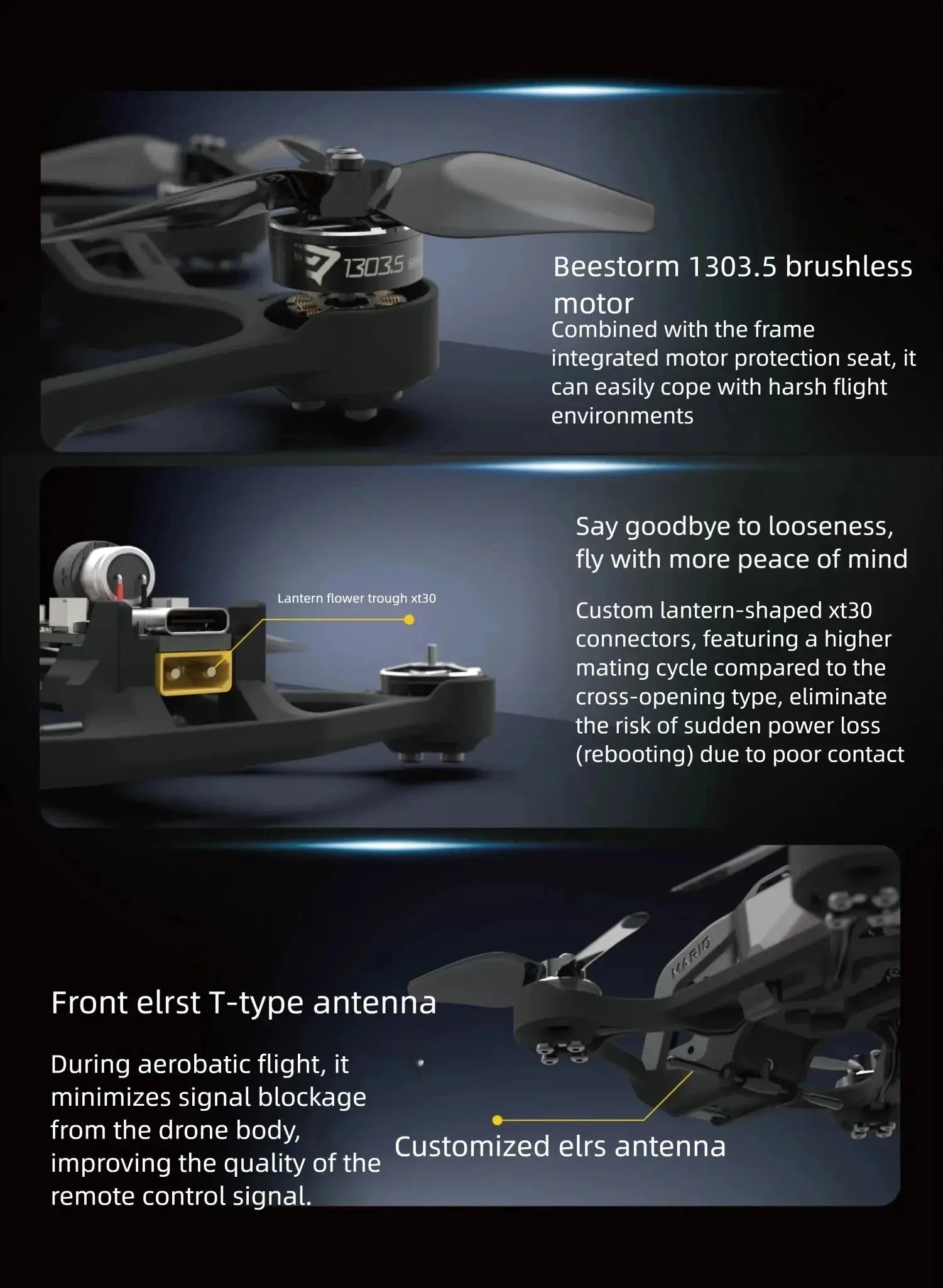 Close-up of the HeadphoneHeat SpeedyBee Mario Mini25 PW RC quadcopter with a brushless motor, lantern-shaped x130 connectors for reliable power, a front elrs T-type antenna for better control, and App-Controlled features.