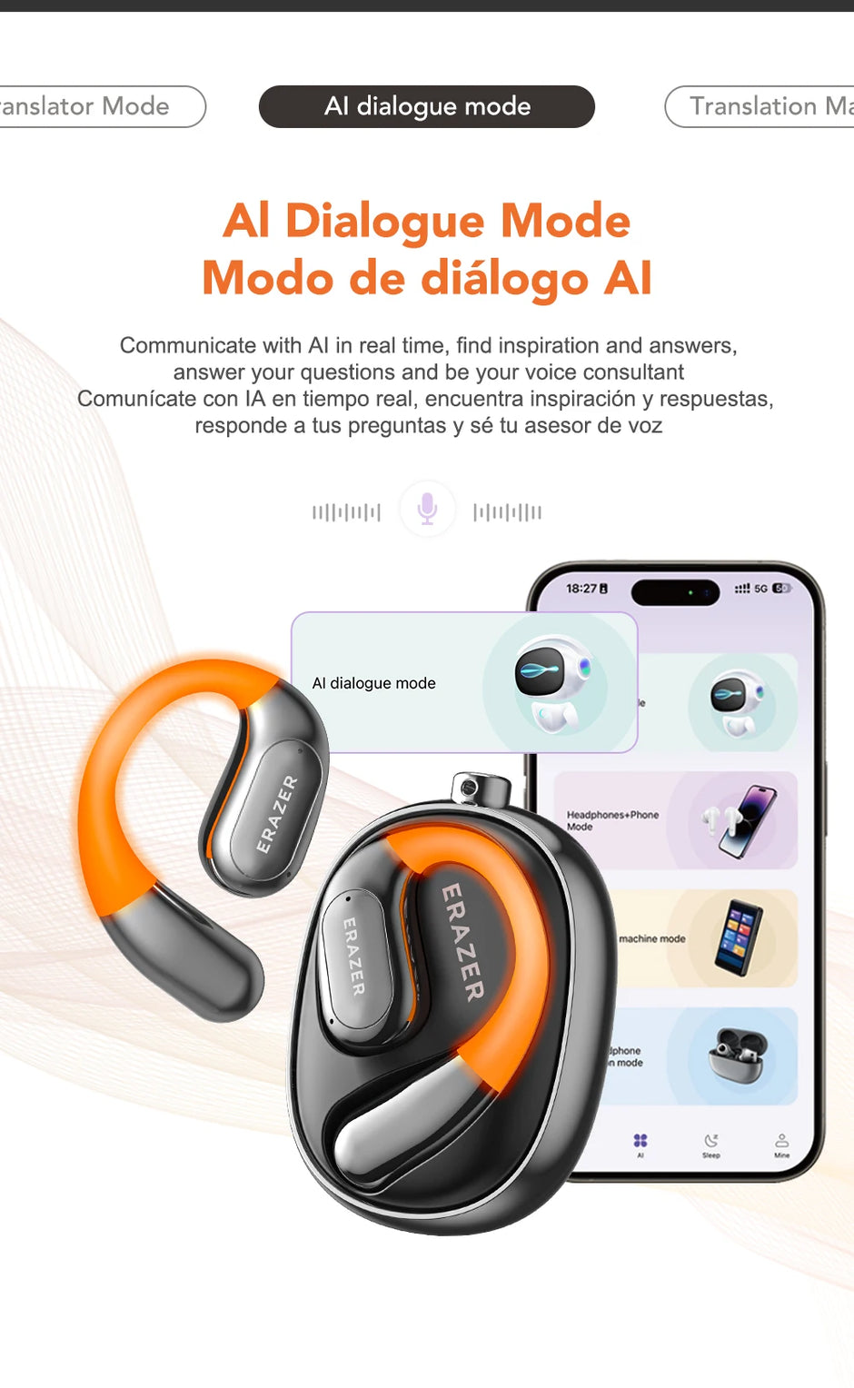 A promotional image for the ERAZER XF31 Bluetooth Translation Earbuds by HeadphoneHeat showcases an orange and black earbud set alongside a smartphone displaying a DIY app interface. The text highlights "AI Dialogue Mode" in both English and Spanish, emphasizing real-time communication with AI for questions and inspiration.