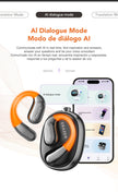 A promotional image for the ERAZER XF31 Bluetooth Translation Earbuds by HeadphoneHeat showcases an orange and black earbud set alongside a smartphone displaying a DIY app interface. The text highlights 