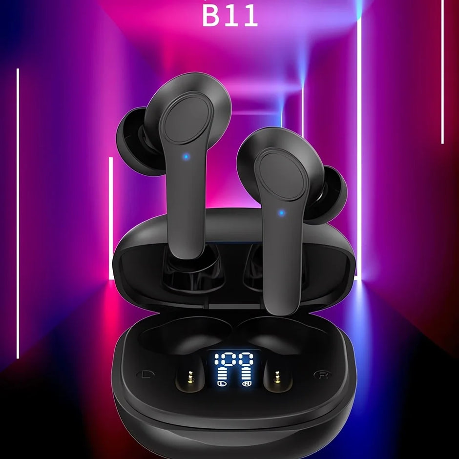 A pair of black Intelligent Translate Earbuds from HeadphoneHeat, featuring Bluetooth 5.0 and a digital display on their charging case, is set against a vibrant background with pink and purple neon lights. The label "B11" is at the top.