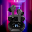 A pair of black Intelligent Translate Earbuds from HeadphoneHeat, featuring Bluetooth 5.0 and a digital display on their charging case, is set against a vibrant background with pink and purple neon lights. The label 