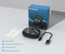 A pair of choice HYUNDAI HY-Y16 AI translator OWS Wireless Bluetooth v5.4 Earphones by HeadphoneHeat is displayed alongside their charging case, data cable, and instruction manual. The packaging box is placed behind them on a glass surface, highlighting their high-quality design and intuitive volume control for an immersive listening experience in gaming and music.