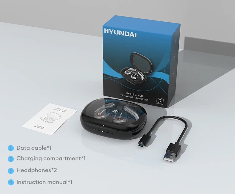 A pair of choice HYUNDAI HY-Y16 AI translator OWS Wireless Bluetooth v5.4 Earphones by HeadphoneHeat is displayed alongside their charging case, data cable, and instruction manual. The packaging box is placed behind them on a glass surface, highlighting their high-quality design and intuitive volume control for an immersive listening experience in gaming and music.