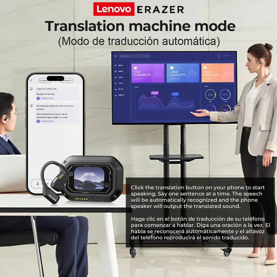 A HeadphoneHeat AI Earphone Erazer XP6 is connected to a smartphone featuring translation capabilities, while Bluetooth headphones remain nearby. A monitor in the background shows data and graphs. Instructions for activating the translation mode are provided in both English and Spanish, ensuring seamless communication.