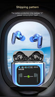 A promotional image for the LED Touch Screen Newmsnr Bluetooth 5.4 Earbuds by HeadphoneHeat. The earbuds are depicted hovering in front of an airplane window with clouds visible outside. The charging case features icons and a digital display indicating battery usage and settings, emphasizing advanced Bluetooth technology.