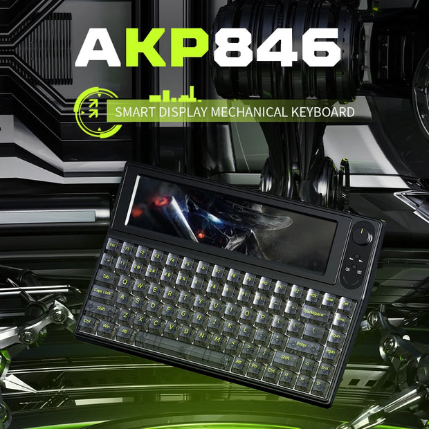 Introducing the HeadphoneHeat Smart Display Mechanical Gaming Keyboard, model AKP846, featuring 84 keys and a USB interface. This futuristic keyboard comes with clear keycaps and a 10.1-inch color screen, perfect for a high-tech mechanical setup.