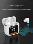 A pair of in-ear wireless earphones, the LED Touch Screen Newmsnr Bluetooth 5.4 Earbuds by HeadphoneHeat, are shown with an open charging case. The case features a touchscreen displaying 