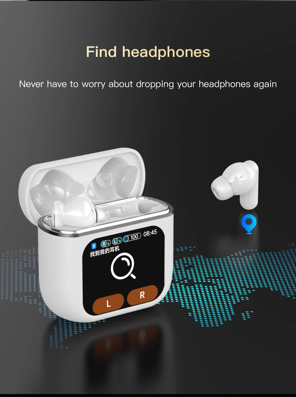 A pair of in-ear wireless earphones, the LED Touch Screen Newmsnr Bluetooth 5.4 Earbuds by HeadphoneHeat, are shown with an open charging case. The case features a touchscreen displaying 