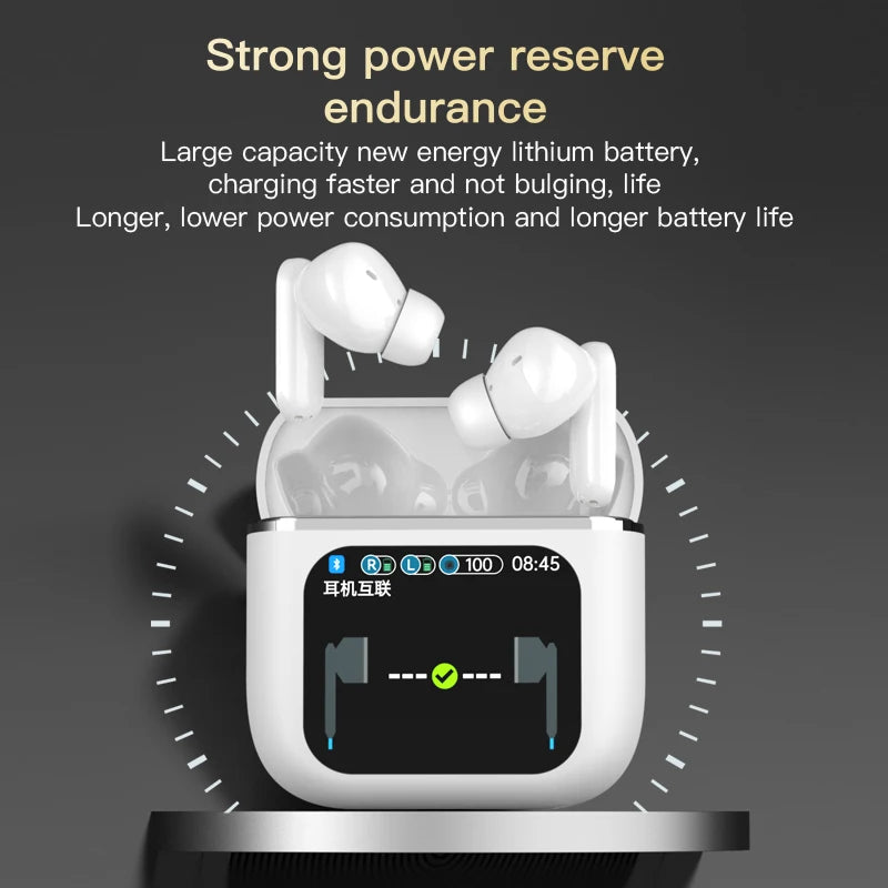 A pair of white LED Touch Screen Newmsnr Bluetooth 5.4 Earbuds by HeadphoneHeat, nestled in an open charging case featuring an LED display that shows battery levels. The accompanying text reads 