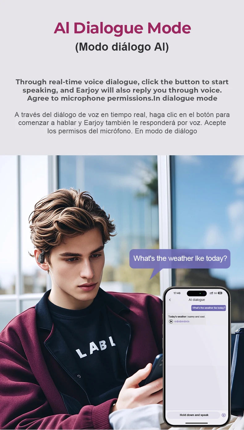 A person in a maroon jacket is holding a smartphone displaying a weather query, while the [AI Earphone]Translator Erazer XP6 Bluetooth Earphones from HeadphoneHeat, featuring Bluetooth 5.4 connectivity, dangle around their neck. Text about AI dialogue mode appears in both English and Spanish. The background reveals a window showcasing lush plants outside.