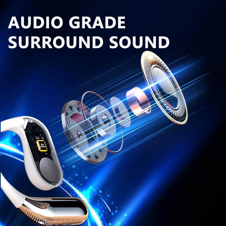 A digital illustration reveals the inner components of Dropshipman XP2 Large Over The Ear Earbuds with blue light effects and bold white “AUDIO GRADE SURROUND SOUND” text, highlighting advanced Bluetooth 5.4 technology.