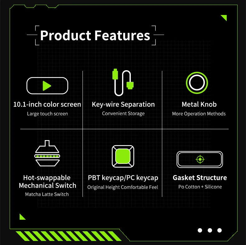 The HeadphoneHeat Smart Display Mechanical Gaming Keyboard features a vibrant 10.1-inch color screen alongside its 84 keys. It offers key-wire separation, a robust metal knob, hot-swappable mechanical switches, and PBT/PC keycaps with a gasket structure. All these elements are connected through a USB interface for maximum convenience and comfort.